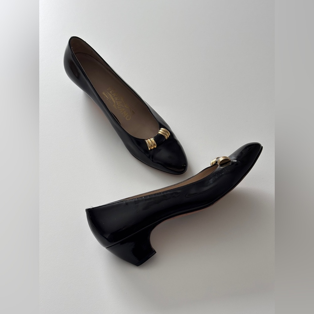 Ferragamo Black Patent Leather Low Block Heel Pumps with Gold Accent